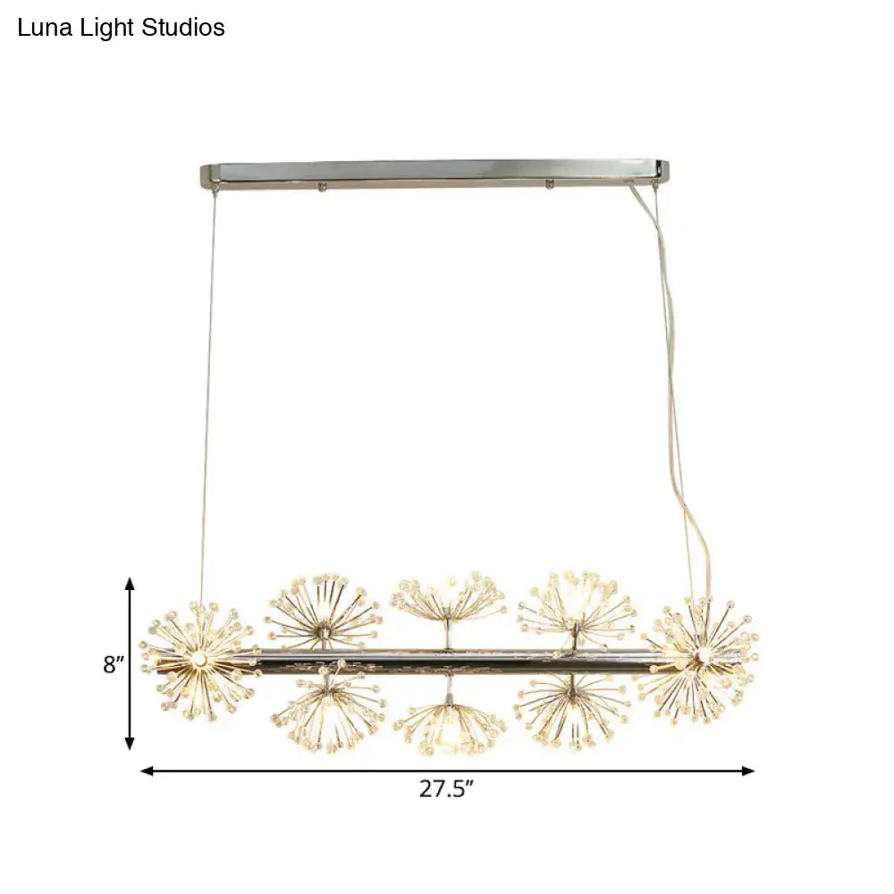 Contemporary chrome dandelion ceiling light with six clear crystals in starburst design for dining room decor