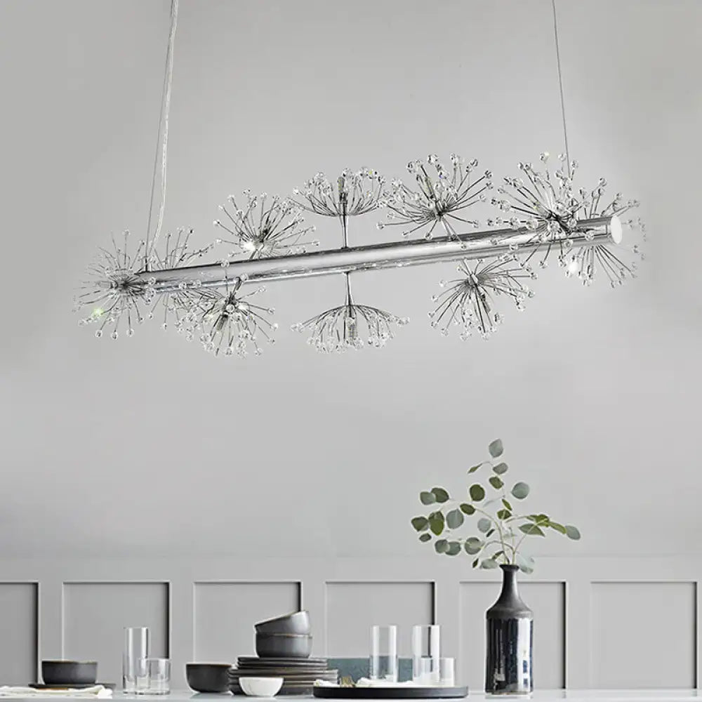 Modern chrome pendant ceiling light with clear crystals and dandelion clusters, ideal for dining rooms by DecorBites™