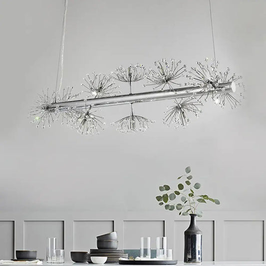 Modern chrome pendant ceiling light with clear crystals and dandelion clusters, ideal for dining rooms by DecorBites™