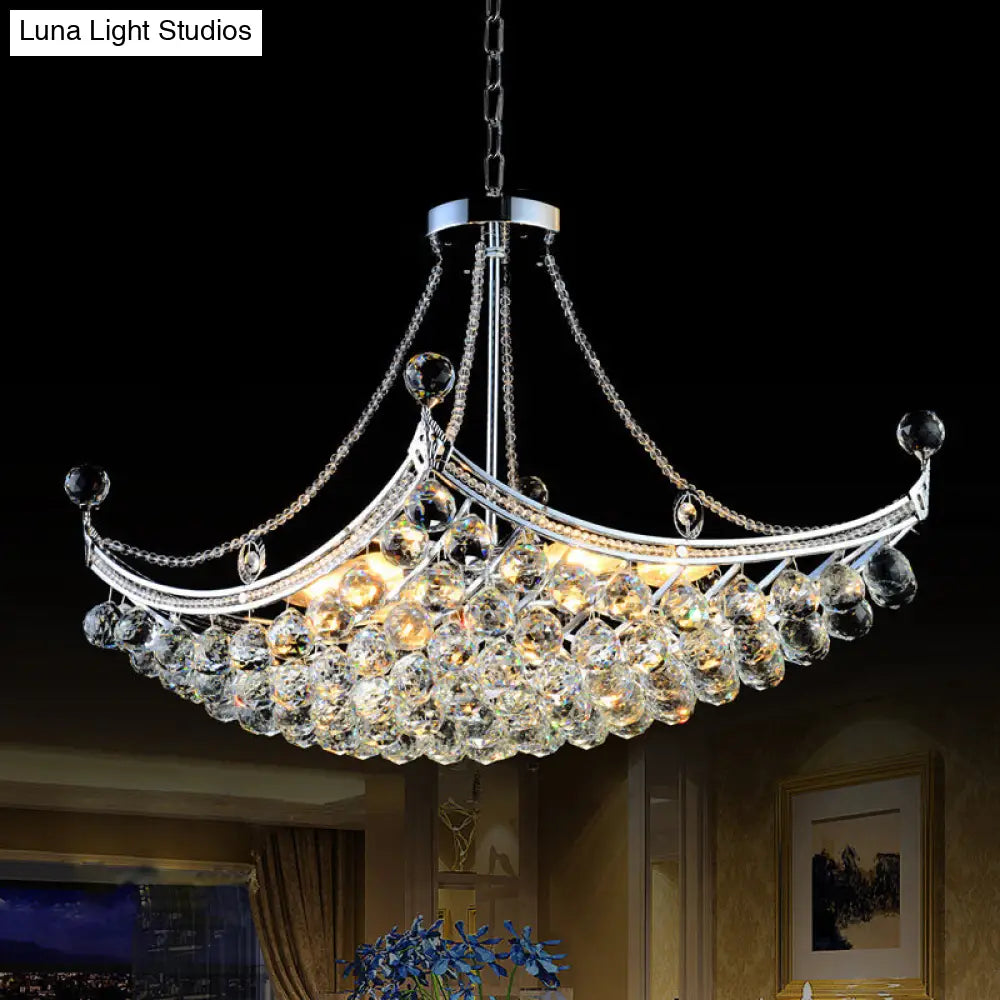 Contemporary Chrome/Gold Cornice Frame Pendant Chandelier with 6 Bulbs and Clear Crystal Balls