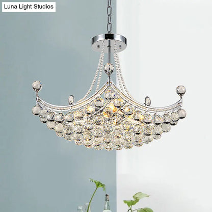 Contemporary Chrome/Gold Cornice Frame Pendant Chandelier with 6 Bulbs and Clear Crystal Balls