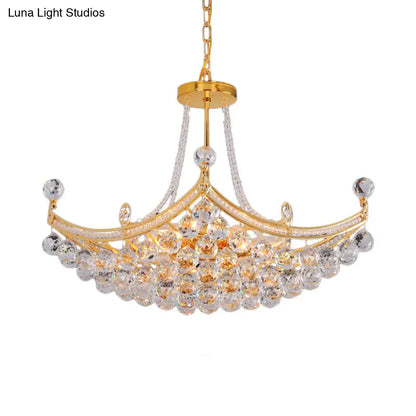 Contemporary Chrome/Gold Cornice Frame Pendant Chandelier with 6 Bulbs and Clear Crystal Balls