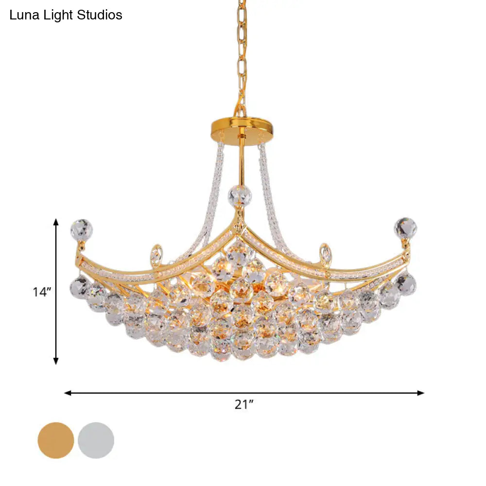Contemporary Chrome/Gold Cornice Frame Pendant Chandelier with 6 Bulbs and Clear Crystal Balls