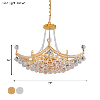 Contemporary Chrome/Gold Cornice Frame Pendant Chandelier with 6 Bulbs and Clear Crystal Balls