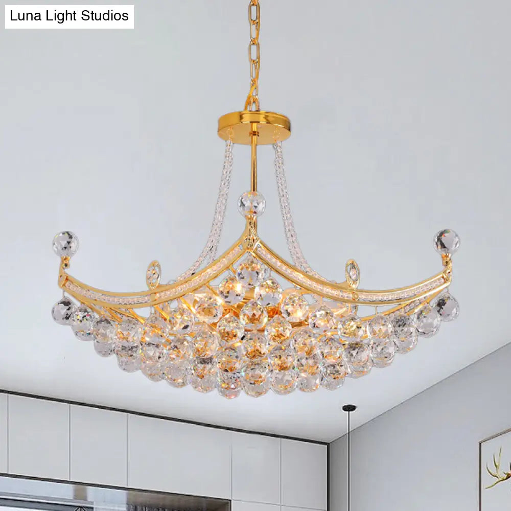 Contemporary Chrome/Gold Cornice Frame Pendant Chandelier with 6 Bulbs and Clear Crystal Balls