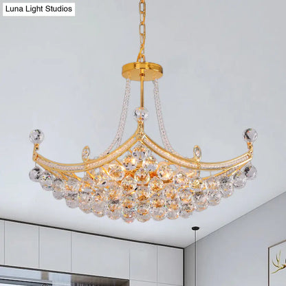 Contemporary Chrome/Gold Cornice Frame Pendant Chandelier with 6 Bulbs and Clear Crystal Balls