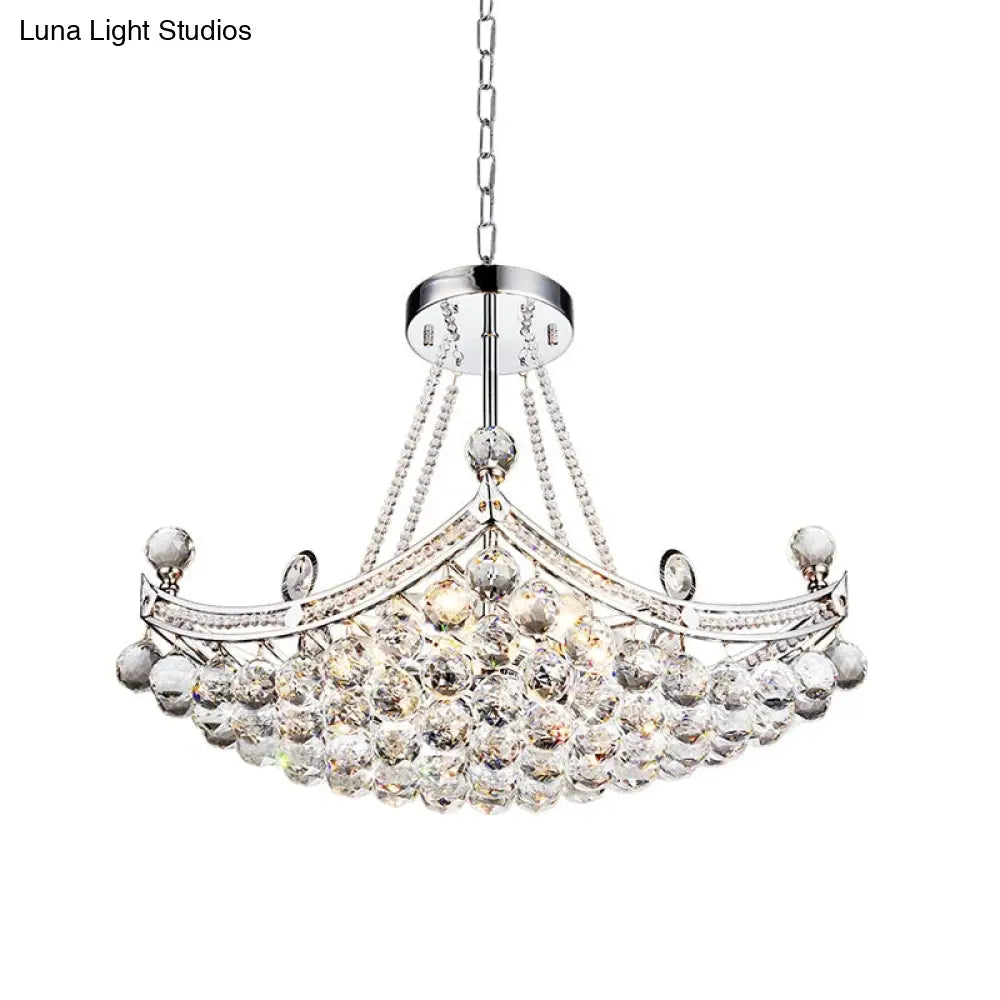 Contemporary Chrome/Gold Cornice Frame Pendant Chandelier with 6 Bulbs and Clear Crystal Balls
