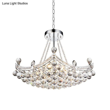 Contemporary Chrome/Gold Cornice Frame Pendant Chandelier with 6 Bulbs and Clear Crystal Balls