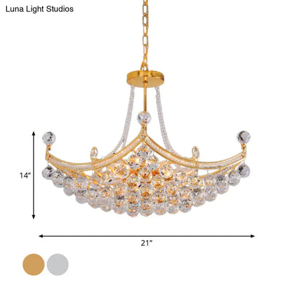 Contemporary Chrome/Gold Cornice Frame Pendant Chandelier with 6 Bulbs and Clear Crystal Balls