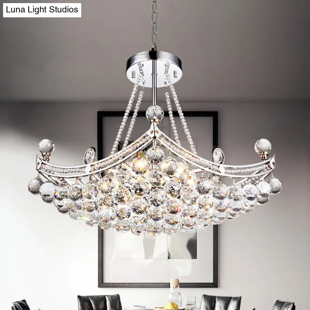 Contemporary Chrome/Gold Cornice Frame Pendant Chandelier with 6 Bulbs and Clear Crystal Balls