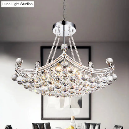Contemporary Chrome/Gold Cornice Frame Pendant Chandelier with 6 Bulbs and Clear Crystal Balls