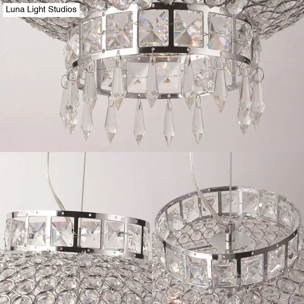 Lámpara de araña contemporánea tipo farol cromado con cuentas de cristal transparente - Lámpara colgante de metal de 4 luces