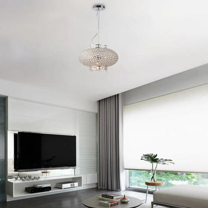 Lámpara de araña contemporánea tipo farol cromado con cuentas de cristal transparente - Lámpara colgante de metal de 4 luces