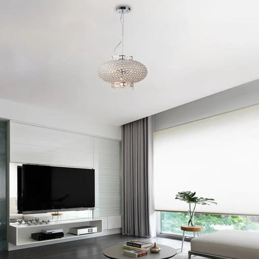 Lámpara de araña contemporánea tipo farol cromado con cuentas de cristal transparente - Lámpara colgante de metal de 4 luces