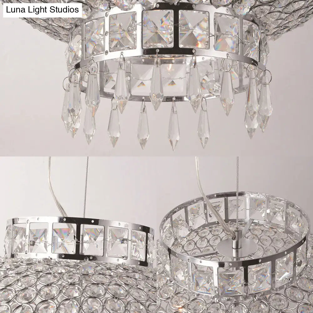 Lámpara de araña contemporánea tipo farol cromado con cuentas de cristal transparente - Lámpara colgante de metal de 4 luces