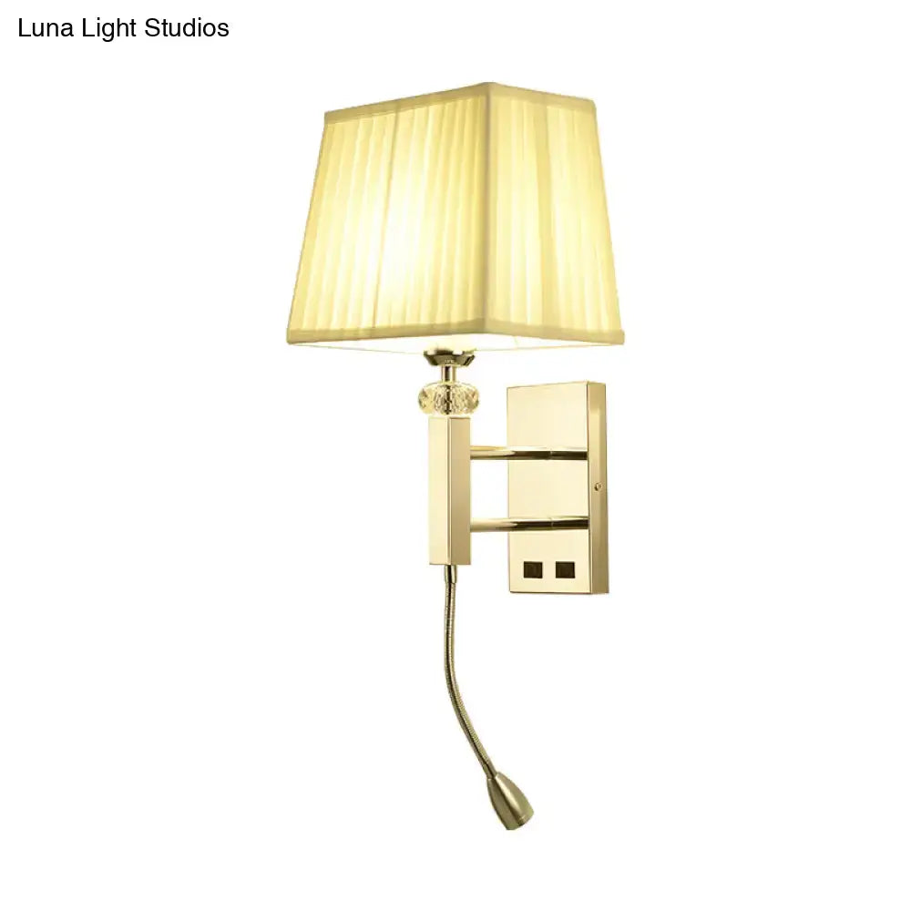 Gold finished wall sconce with pleated cream lampshade and adjustable spot light flexible gooseneck light fixture