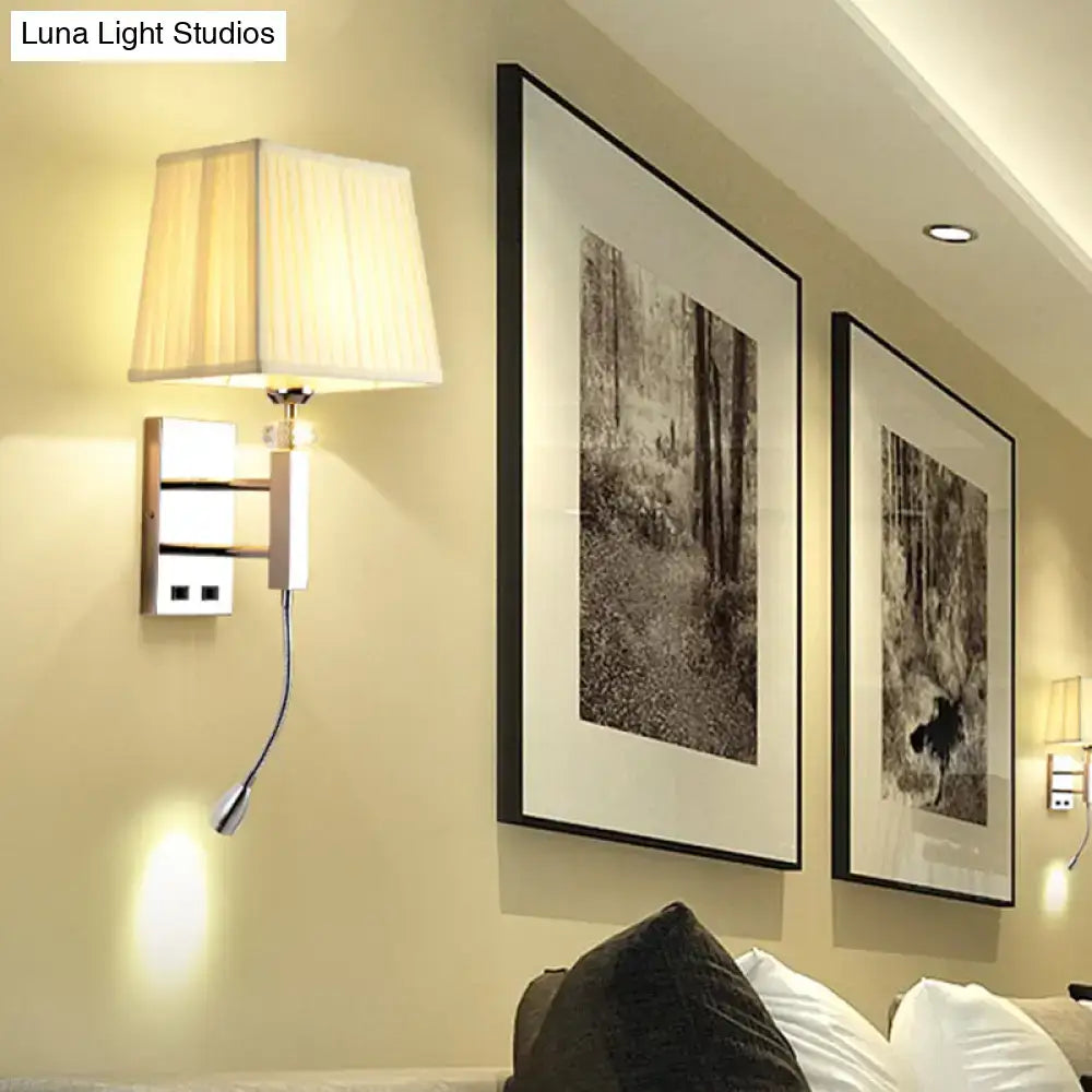Contemporary chrome led light fixture with cream fabric shade and spot light for bedroom wall sconce in three colors