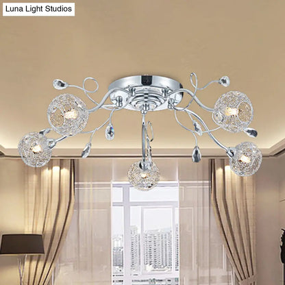 DecorBites™ DecorBites™ Contemporary Chrome LED Semi Mount Ceiling Light with Metal Mesh Shade – Stylish 5-Light Fixture for Living Room