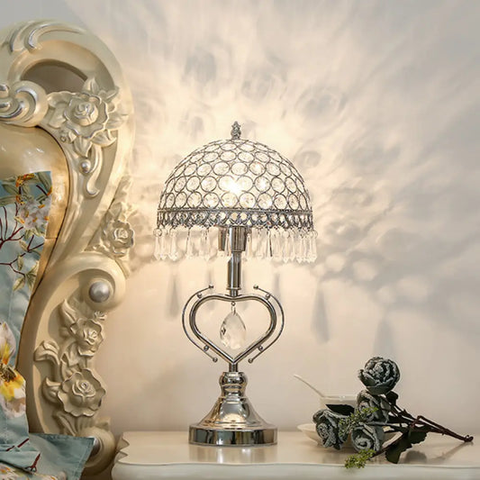 Contemporary Chrome Metal Table Lamp with Crystal-Encrusted Half Sphere Design and Droplets - 1 Head Nightstand Light