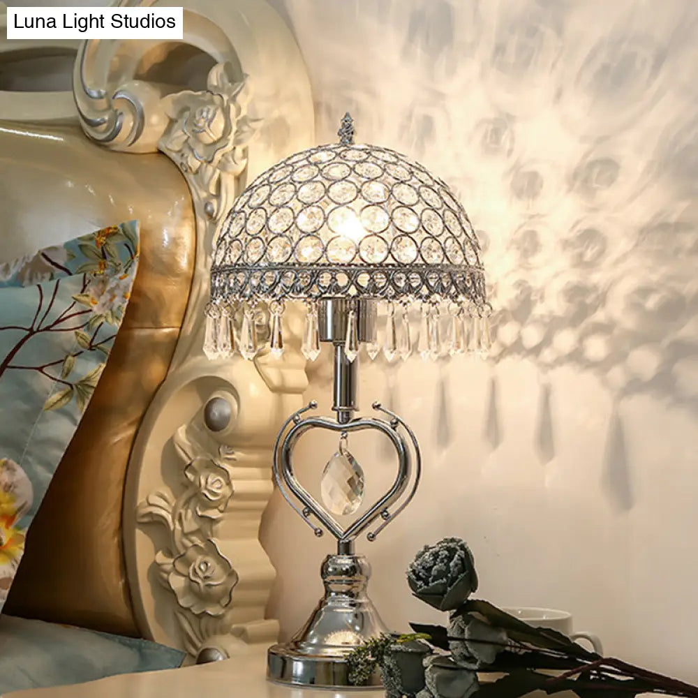 Contemporary Chrome Metal Table Lamp with Crystal-Encrusted Half Sphere Design and Droplets - 1 Head Nightstand Light