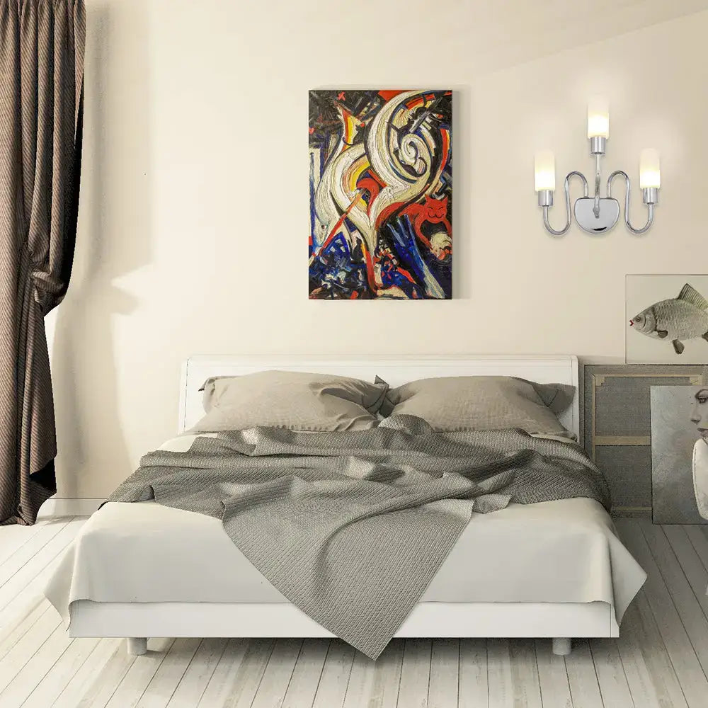 Contemporary chrome milk glass pill sconce bedroom wall light with abstract canvas painting featuring red blue white and black hues