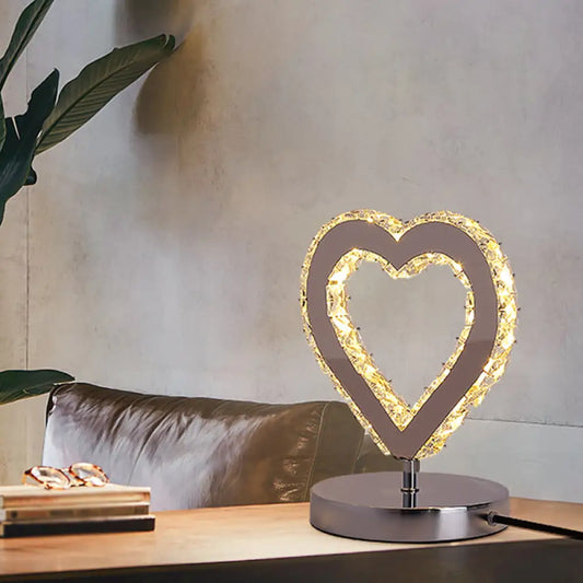 Contemporary Chrome Nightstand Lighting: Loving Heart Crystal Block Desk Light for Bedside