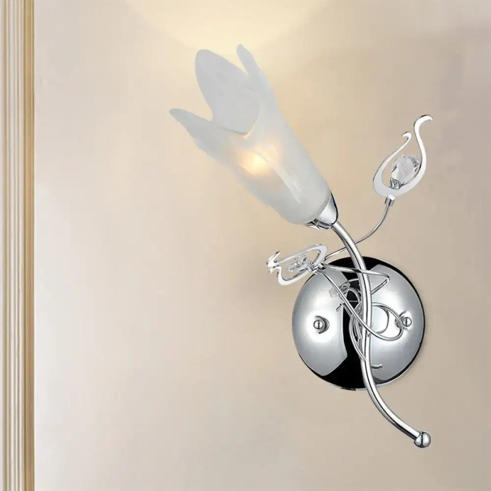Contemporary chrome opal glass petal wall sconce with frosted tulip shade and e12 light for bedroom lighting