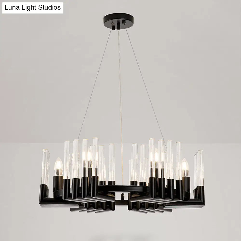 Contemporary Circular Iron Chandelier Lamp with Crystal Tube - 6/8 Lights Ceiling Light Fixture in Black