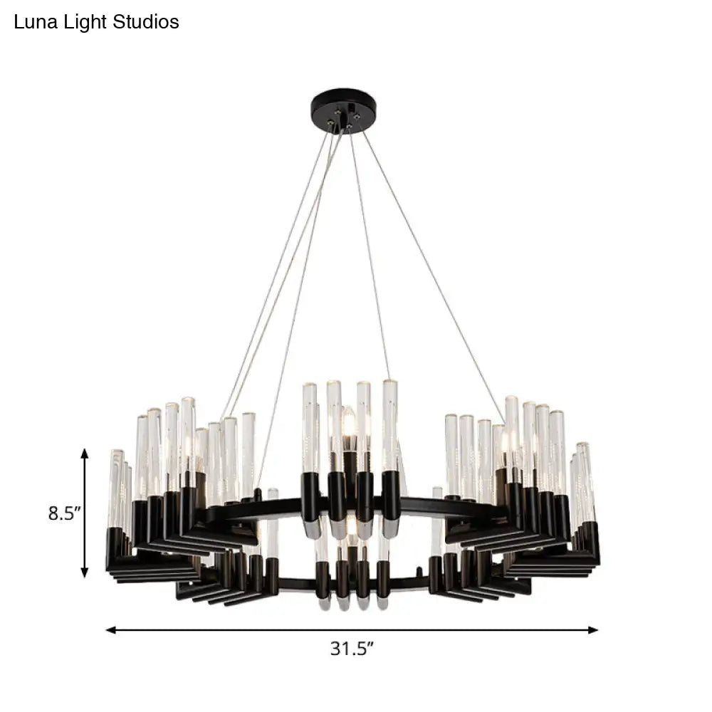 Contemporary Circular Iron Chandelier Lamp with Crystal Tube - 6/8 Lights Ceiling Light Fixture in Black