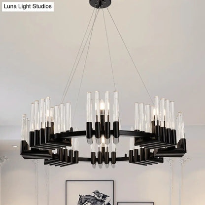 Contemporary Circular Iron Chandelier Lamp with Crystal Tube - 6/8 Lights Ceiling Light Fixture in Black