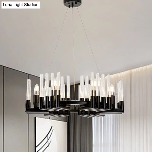 Contemporary Circular Iron Chandelier Lamp with Crystal Tube - 6/8 Lights Ceiling Light Fixture in Black