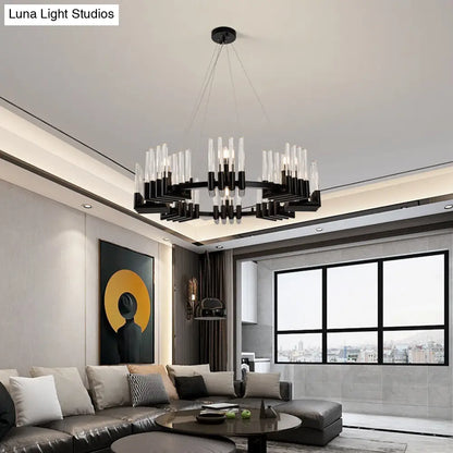 Contemporary Circular Iron Chandelier Lamp with Crystal Tube - 6/8 Lights Ceiling Light Fixture in Black