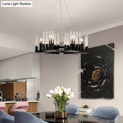 Contemporary Circular Iron Chandelier Lamp with Crystal Tube - 6/8 Lights Ceiling Light Fixture in Black