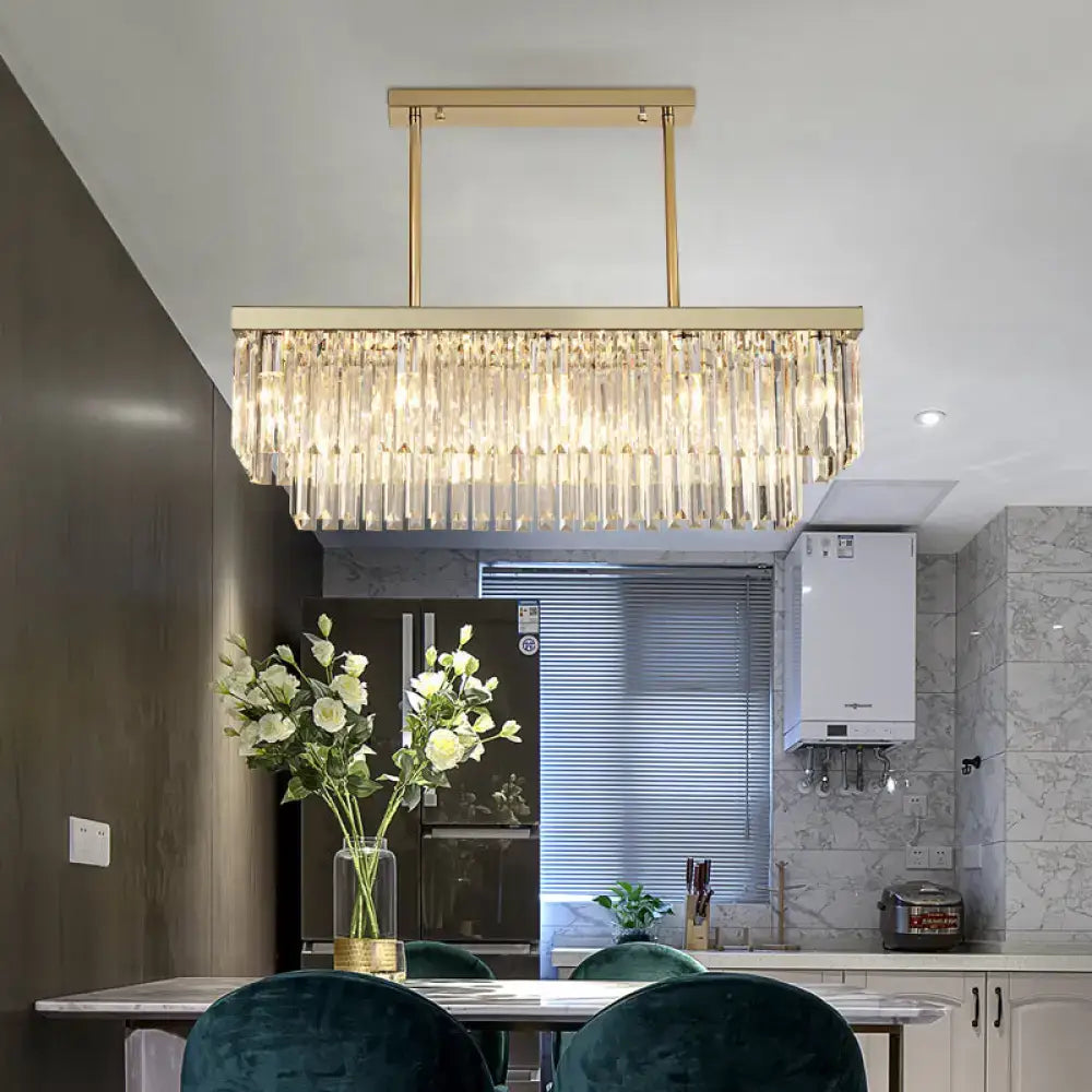 Gold-toned rectangular chandelier with cascading clear amber crystal prisms modern light fixture for dining room
