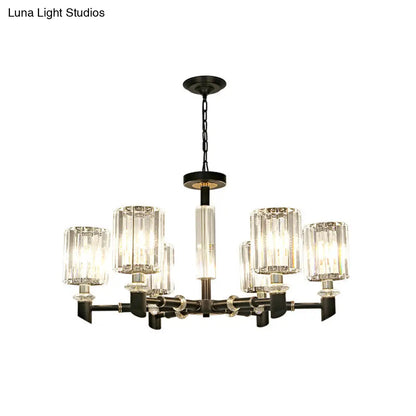 Contemporary Clear Crystal Chandelier with Black Metal Frame - 3/6 Bulb Cylinder Shade Ceiling Light