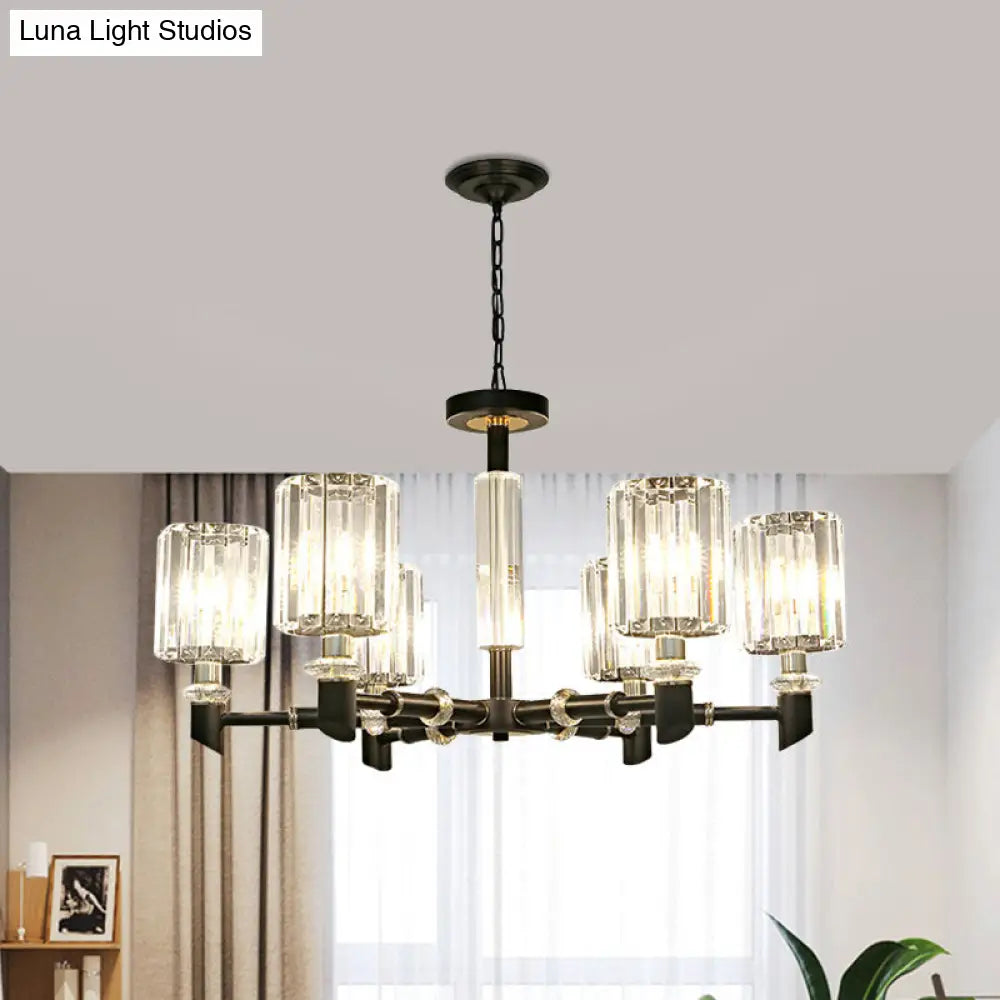Contemporary Clear Crystal Chandelier with Black Metal Frame - 3/6 Bulb Cylinder Shade Ceiling Light