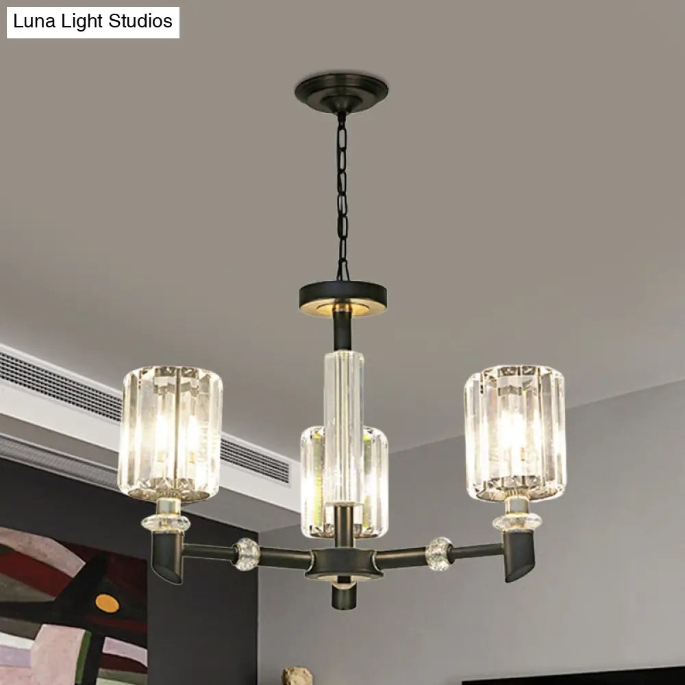 Contemporary Clear Crystal Chandelier with Black Metal Frame - 3/6 Bulb Cylinder Shade Ceiling Light