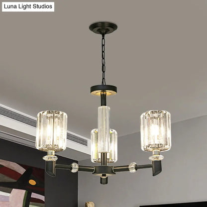 Contemporary Clear Crystal Chandelier with Black Metal Frame - 3/6 Bulb Cylinder Shade Ceiling Light