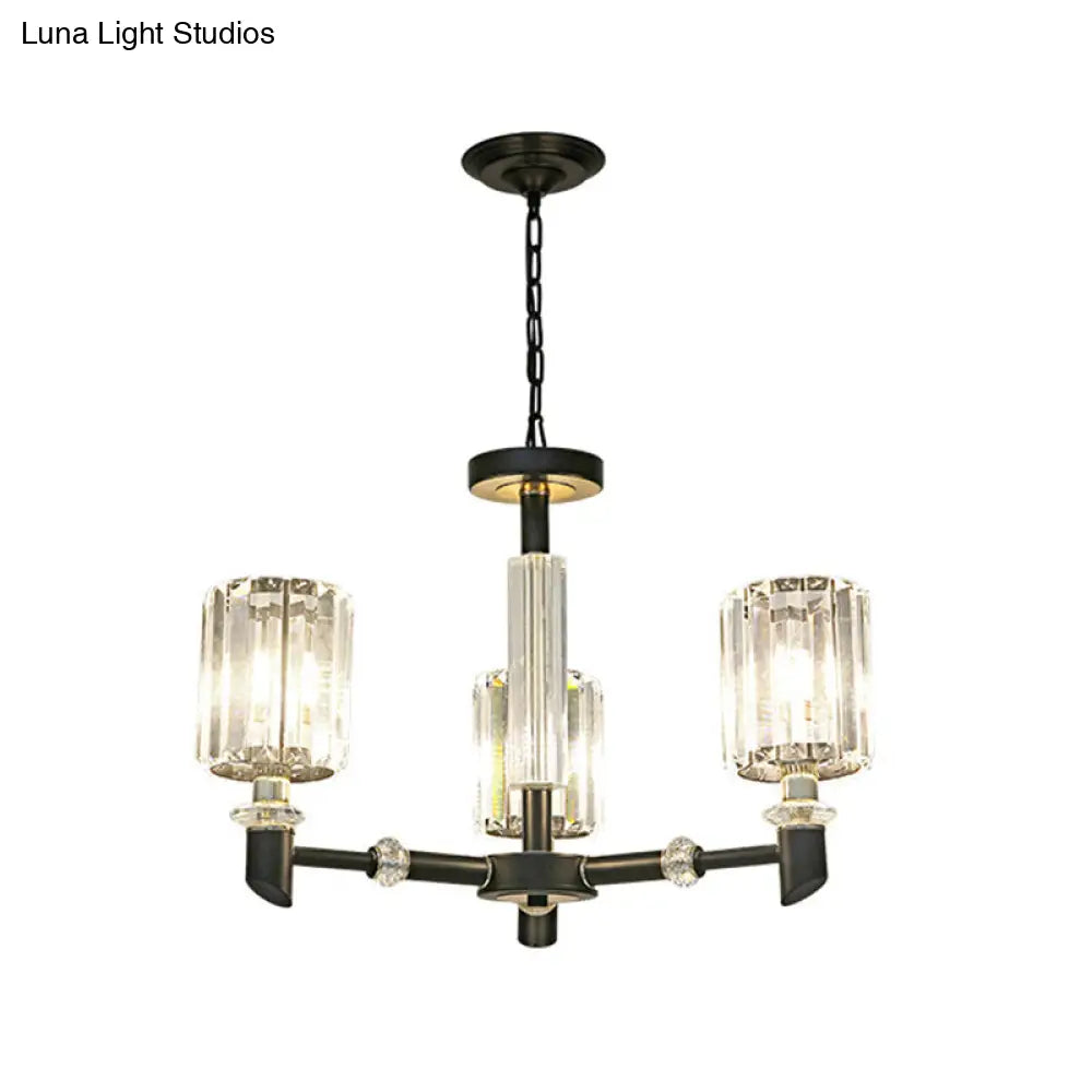 Contemporary Clear Crystal Chandelier with Black Metal Frame - 3/6 Bulb Cylinder Shade Ceiling Light