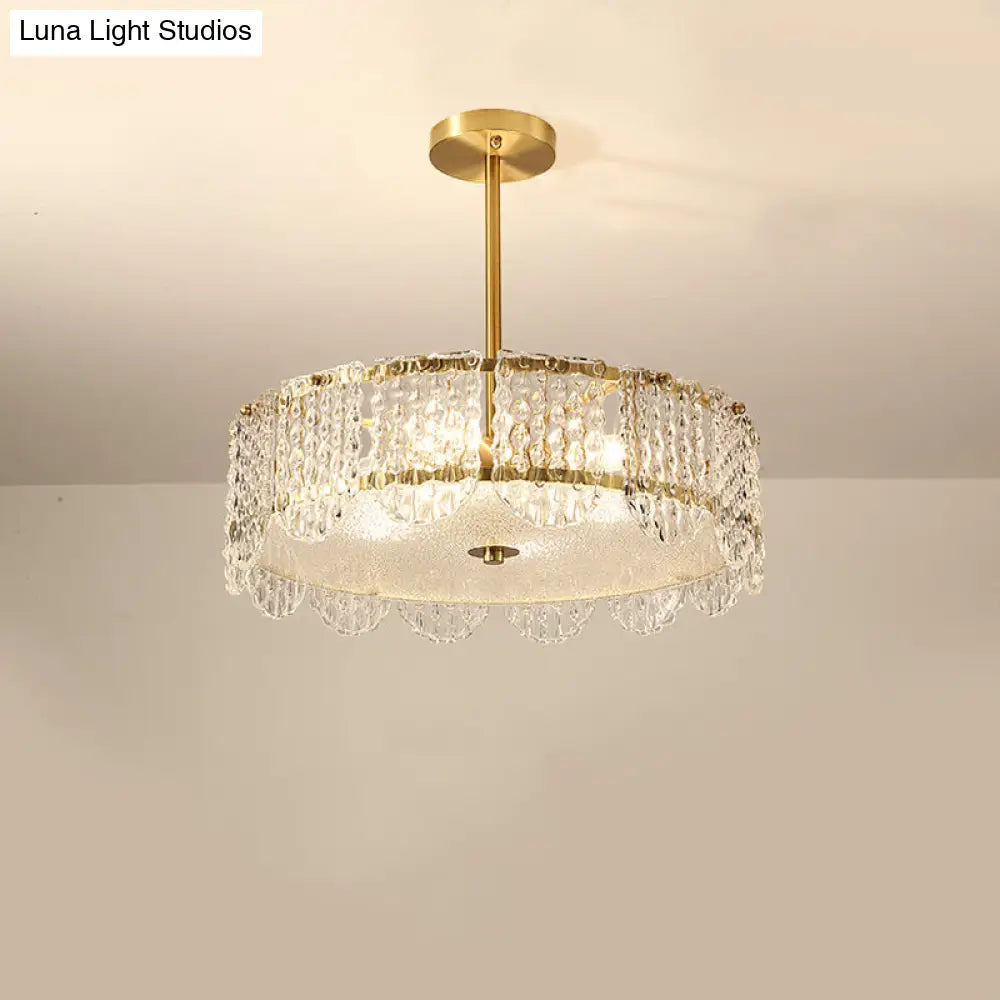 Contemporary Clear Crystal Chandelier with Drum Embossed Design - 4 Heads Bedroom Hanging Lamp Kit