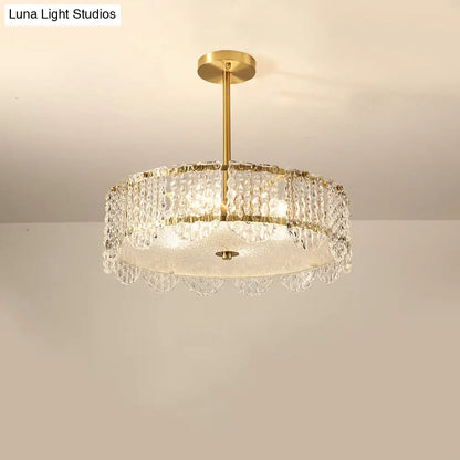 Contemporary Clear Crystal Chandelier with Drum Embossed Design - 4 Heads Bedroom Hanging Lamp Kit