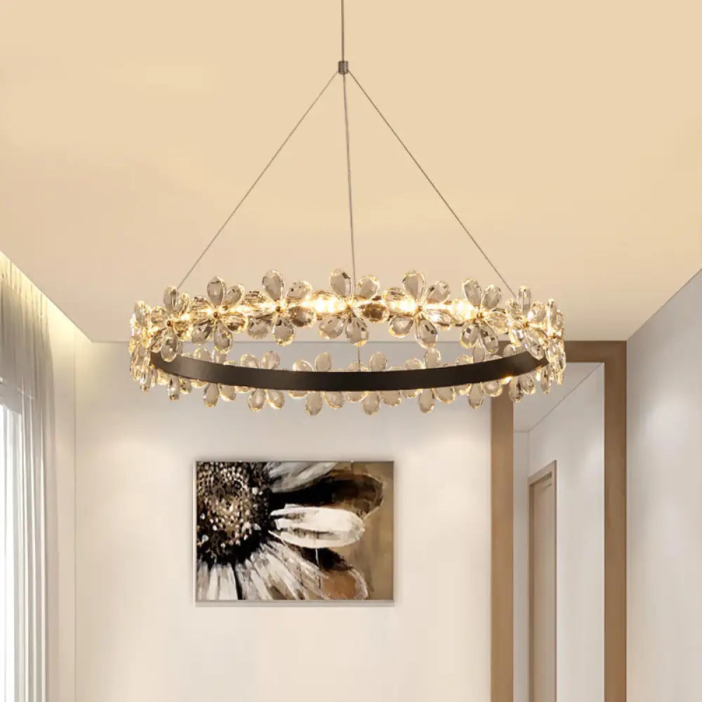 Contemporary Clear Crystal Chandelier with Flower Accents for Restaurant Hanging