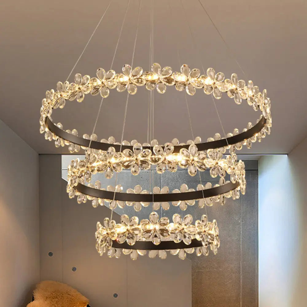 Contemporary Clear Crystal Chandelier with Flower Accents for Restaurant Hanging