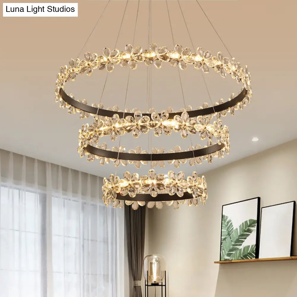 Contemporary Clear Crystal Chandelier with Flower Accents for Restaurant Hanging