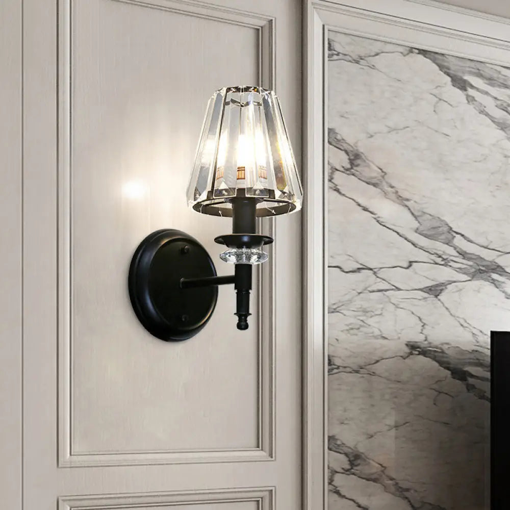 DecorBites™ DecorBites™ Contemporary Clear Crystal Cone Wall Mount Light - 1-Bulb Black Finish Wall Lamp for Bedroom