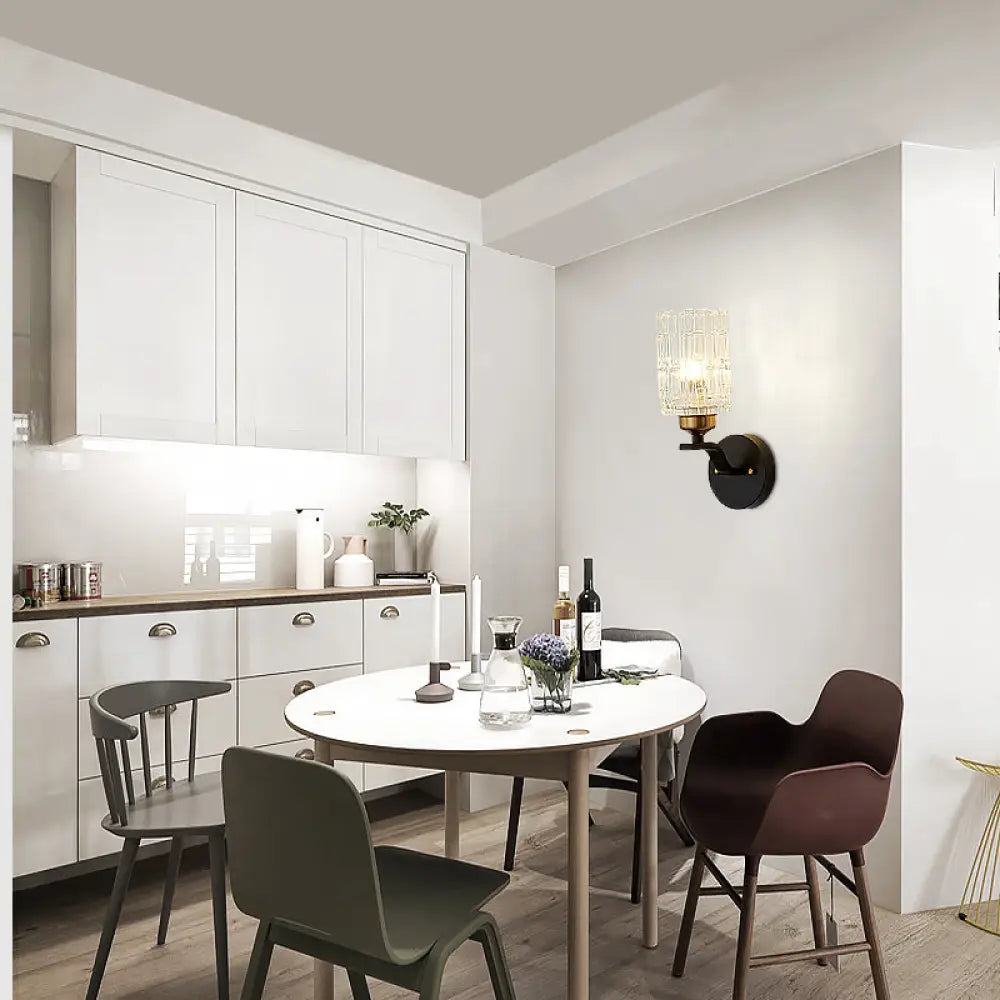 DecorBites™ DecorBites™ Contemporary Clear Crystal Cylinder Wall Light Sconce with Metal Curved Arm in Black