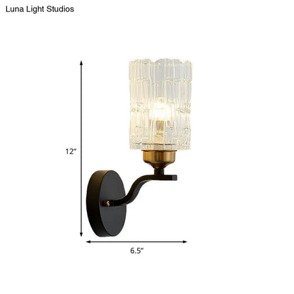 DecorBites™ DecorBites™ Contemporary Clear Crystal Cylinder Wall Light Sconce with Metal Curved Arm in Black