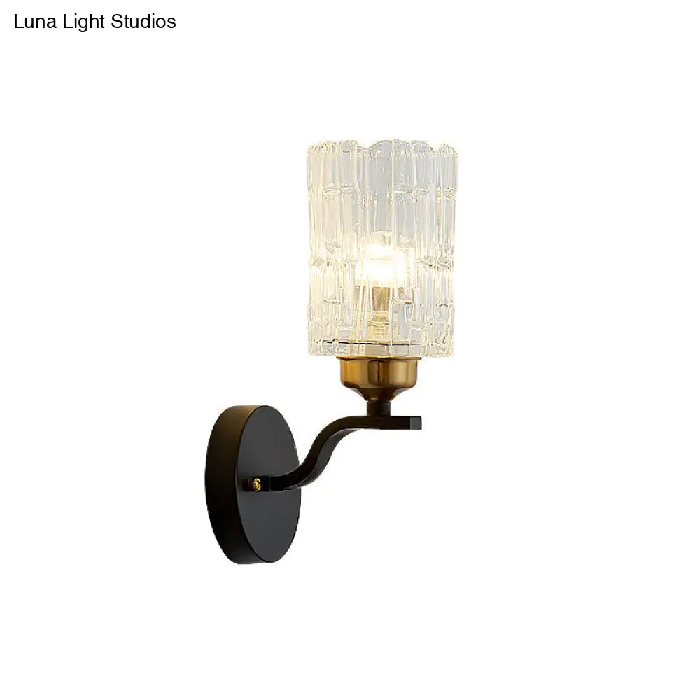 DecorBites™ DecorBites™ Contemporary Clear Crystal Cylinder Wall Light Sconce with Metal Curved Arm in Black