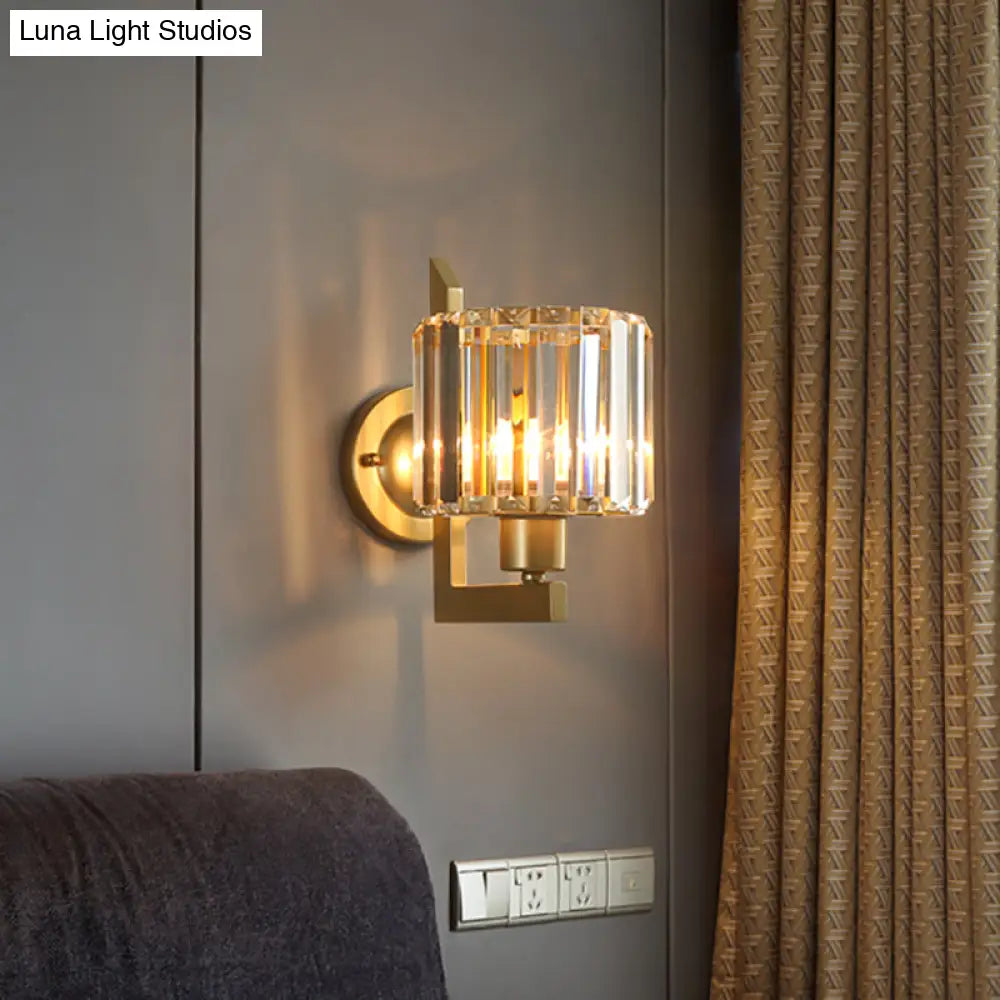 Aplique de pared DecorBites™ de cristal transparente contemporáneo con forma de tambor - Lámpara de pared de 1 luz en negro/dorado para dormitorio