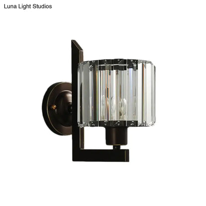 Aplique de pared DecorBites™ de cristal transparente contemporáneo con forma de tambor - Lámpara de pared de 1 luz en negro/dorado para dormitorio